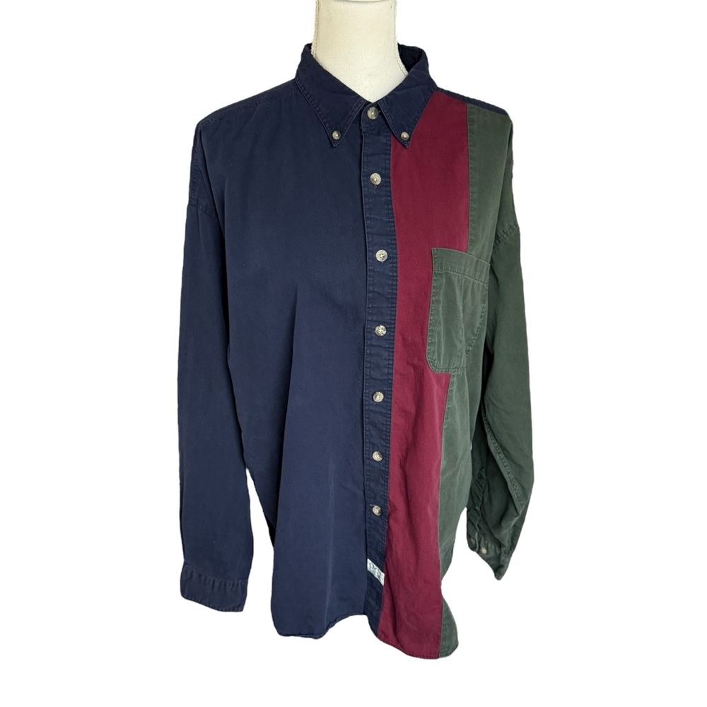 Vtg 90s quality clothing Navy Blue red colorblovk Button down Shirt men X-Large